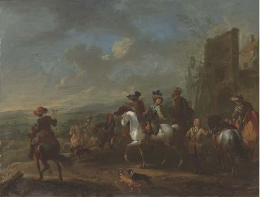 August Querfurt - A Hawking Party By A Village, An Extensive Landscape Beyond