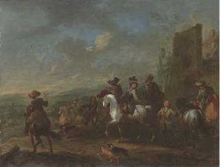 August Querfurt - A Hawking Party By A Village, An Extensive Landscape Beyond