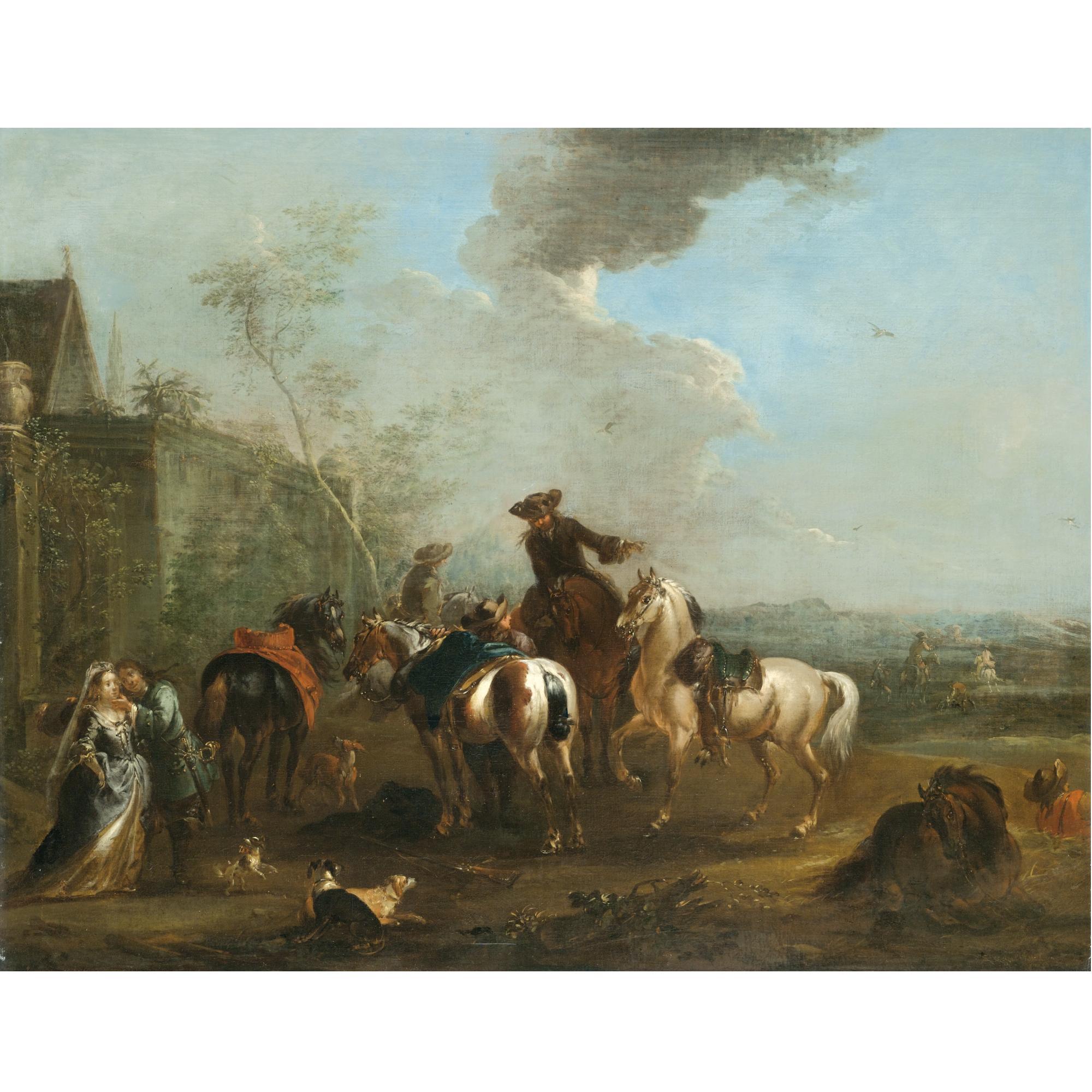 August Querfurt - A Hunting Party At Rest With A Huntsman Caressing An Elegant Lady