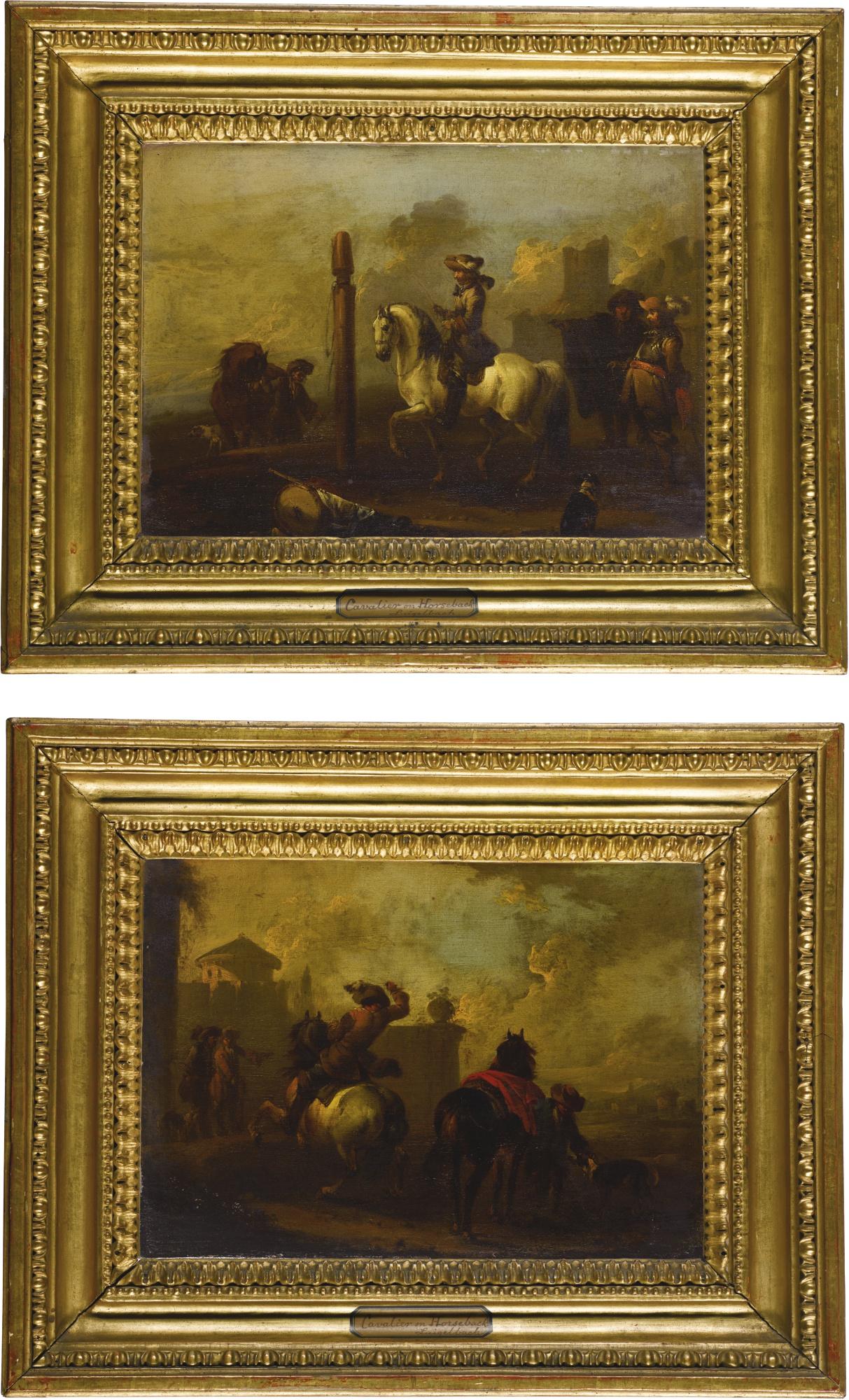 August Querfurt - A Huntsman On Horseback With Others Outside A Walled Palace; Horsemen And Cavaliers By Ruins