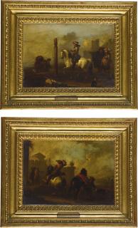 August Querfurt - A Huntsman On Horseback With Others Outside A Walled Palace; Horsemen And Cavaliers By Ruins