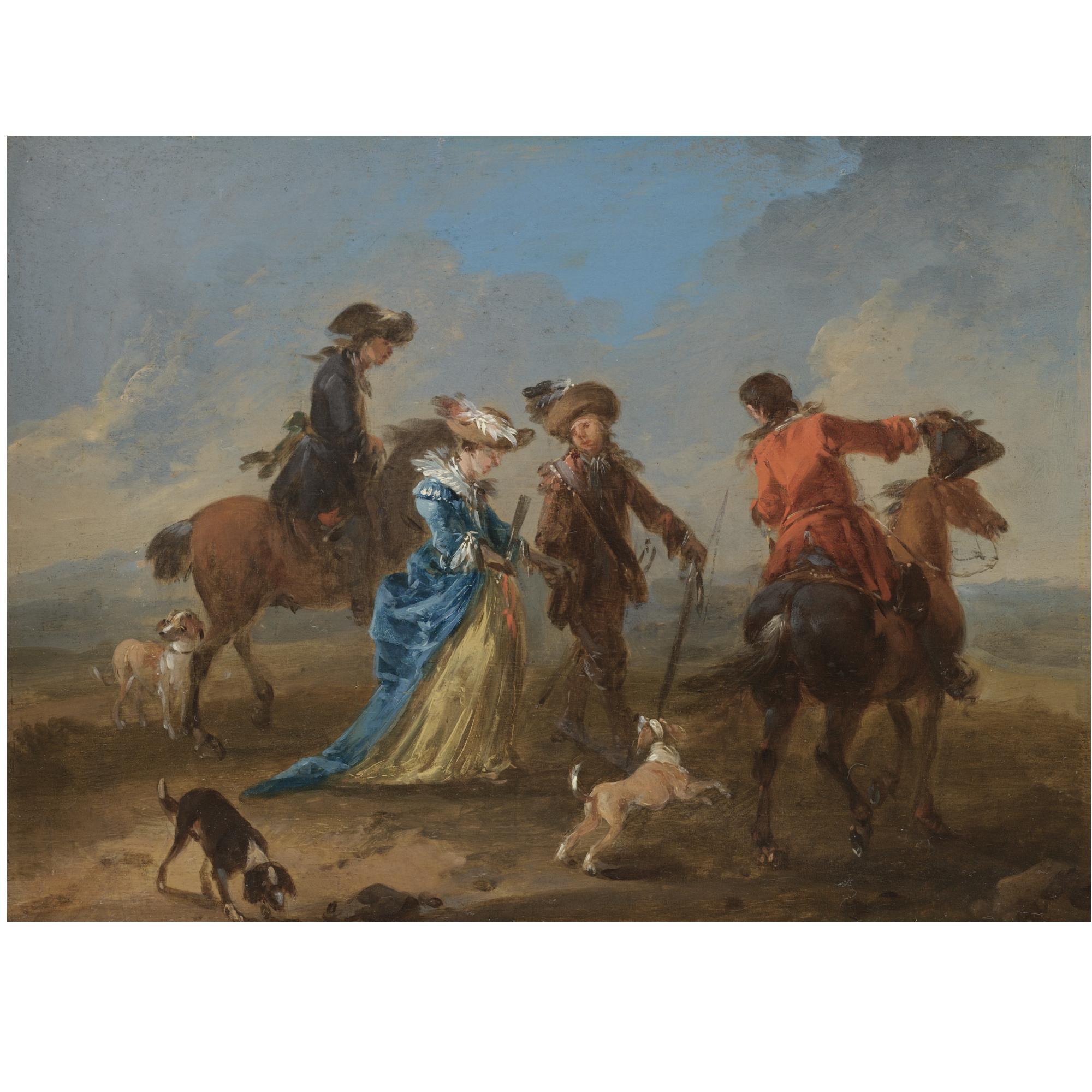 August Querfurt - A  Landscape With A Gentleman And A Lady Conversing With Two Men On Horseback