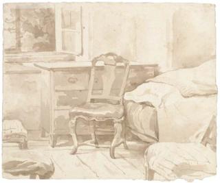 August Richter - An interior with a chair by a chest of drawers (recto); A shepherd with his flock (verso)