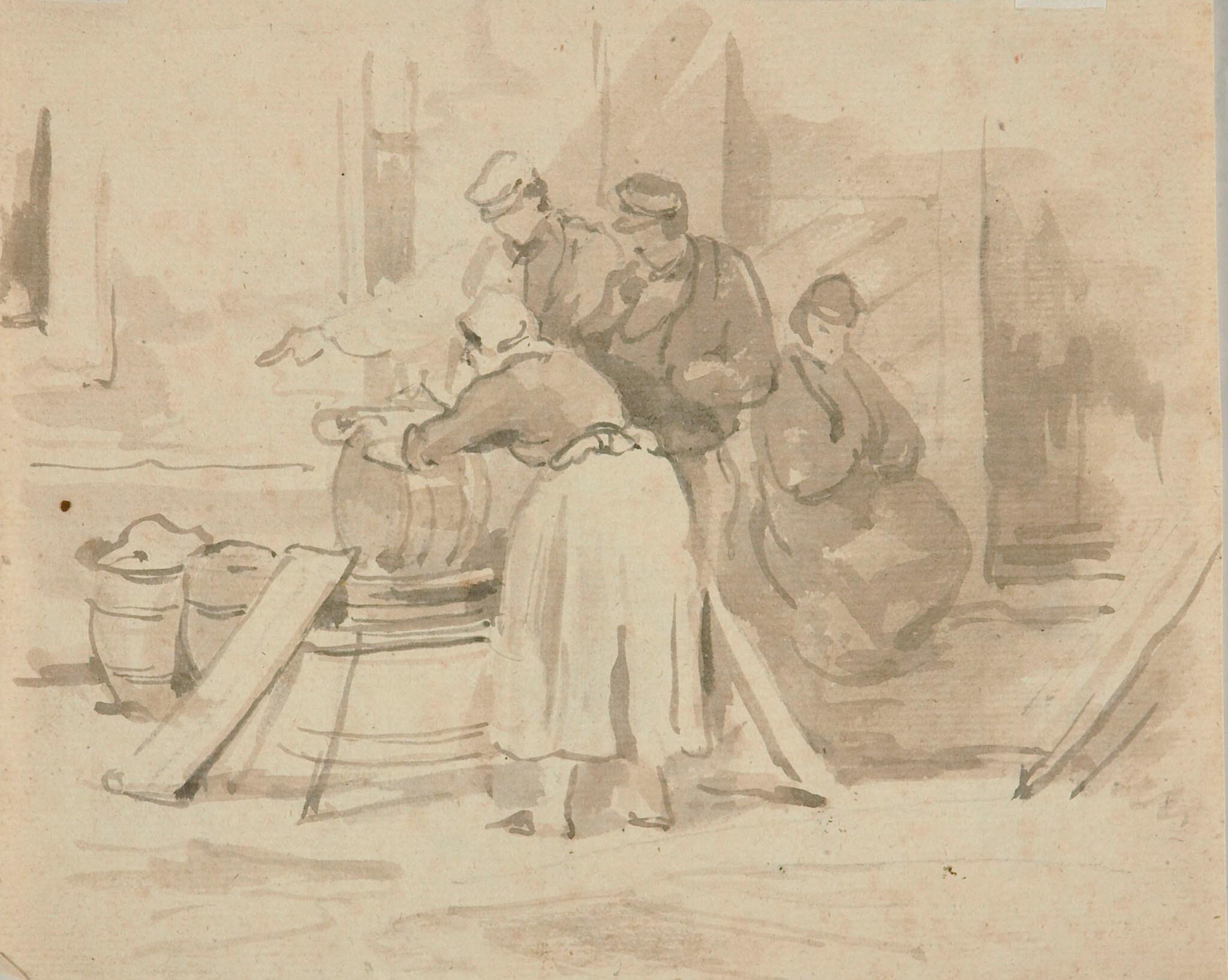 August Richter - Doppelseitige Darstellung: Alter Mann am Tisch – Das Fass.