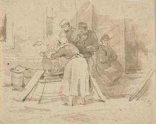 August Richter - Doppelseitige Darstellung: Alter Mann am Tisch – Das Fass.