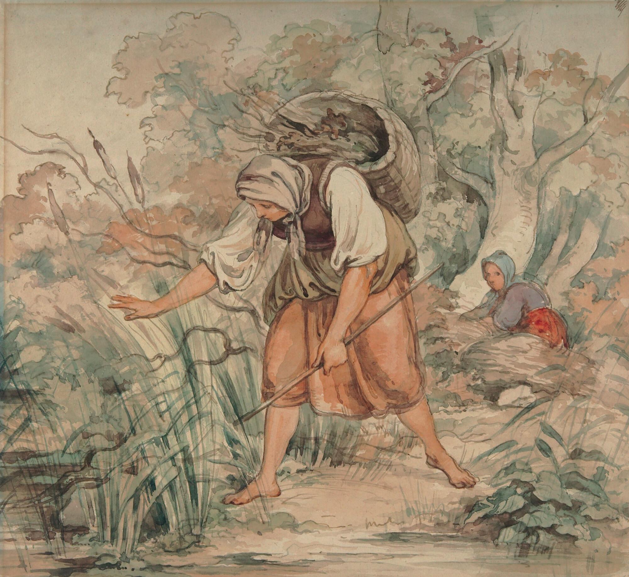 August Richter - Schilf schlagende Bäuerin mit Kiepe auf dem Rücken.
