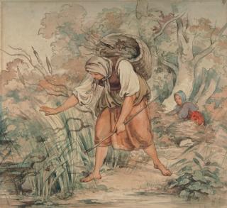 August Richter - Schilf schlagende Bäuerin mit Kiepe auf dem Rücken.