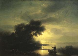 August Seidel - A fisherman in a moonlit landscape