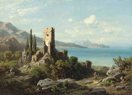 August Seidel - Figures Walking Past Ruins On A Coastal Path, With The Sea Beyond
