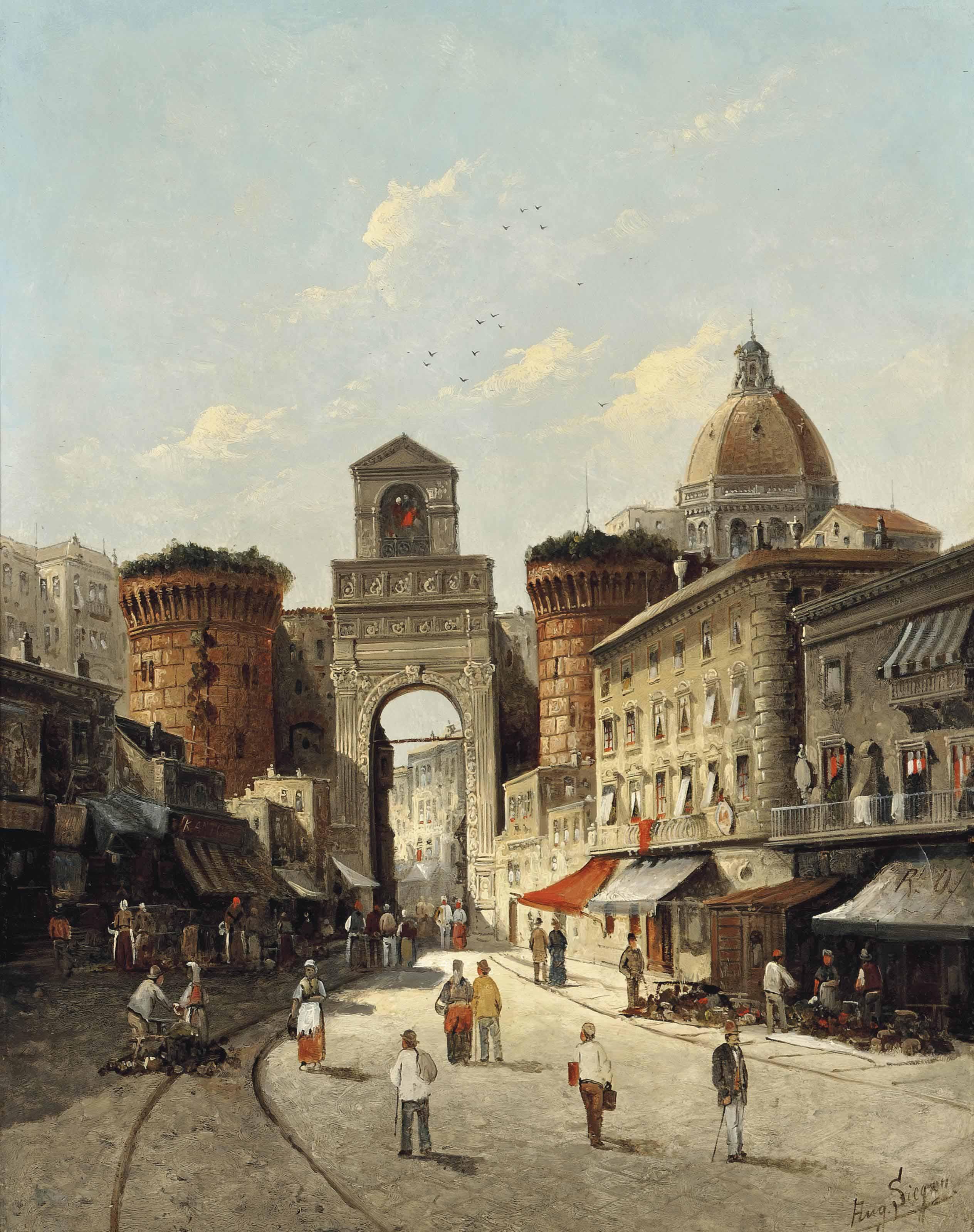 August Siegen - A capriccio view of Porta Capuana, Naples