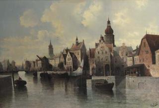 August Siegen - View of a town about a canal