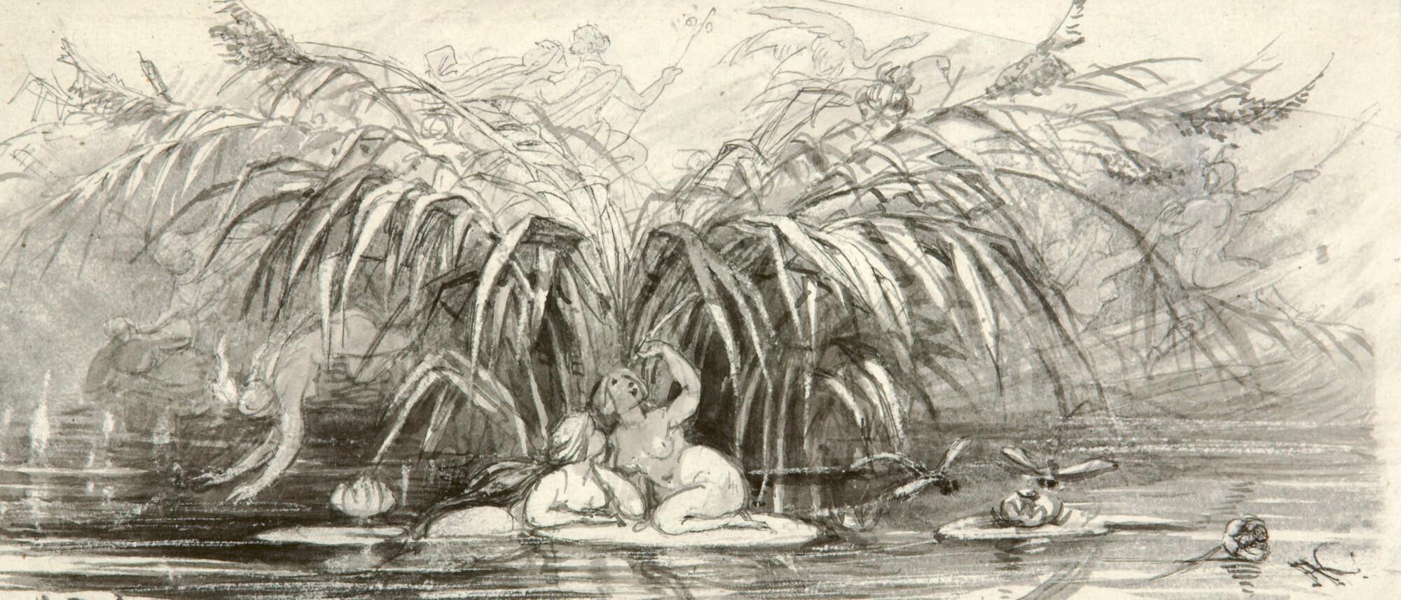 August von Kreling - Wassernymphen im Schilf.