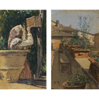 August Von Pettenkofen - Austrian ein Mädchen Beim Vogelkäfig (The Birdcage); Ein Dachgarten (A Roof Garden): A Pair