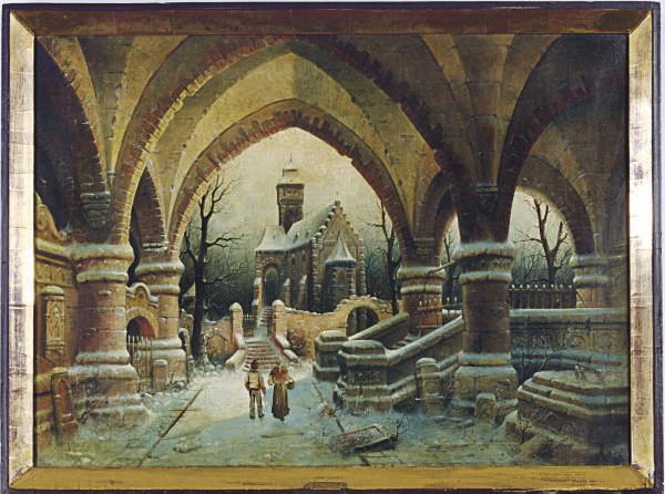 August Von Siegen - A couple strolling down a snowy path through an archway