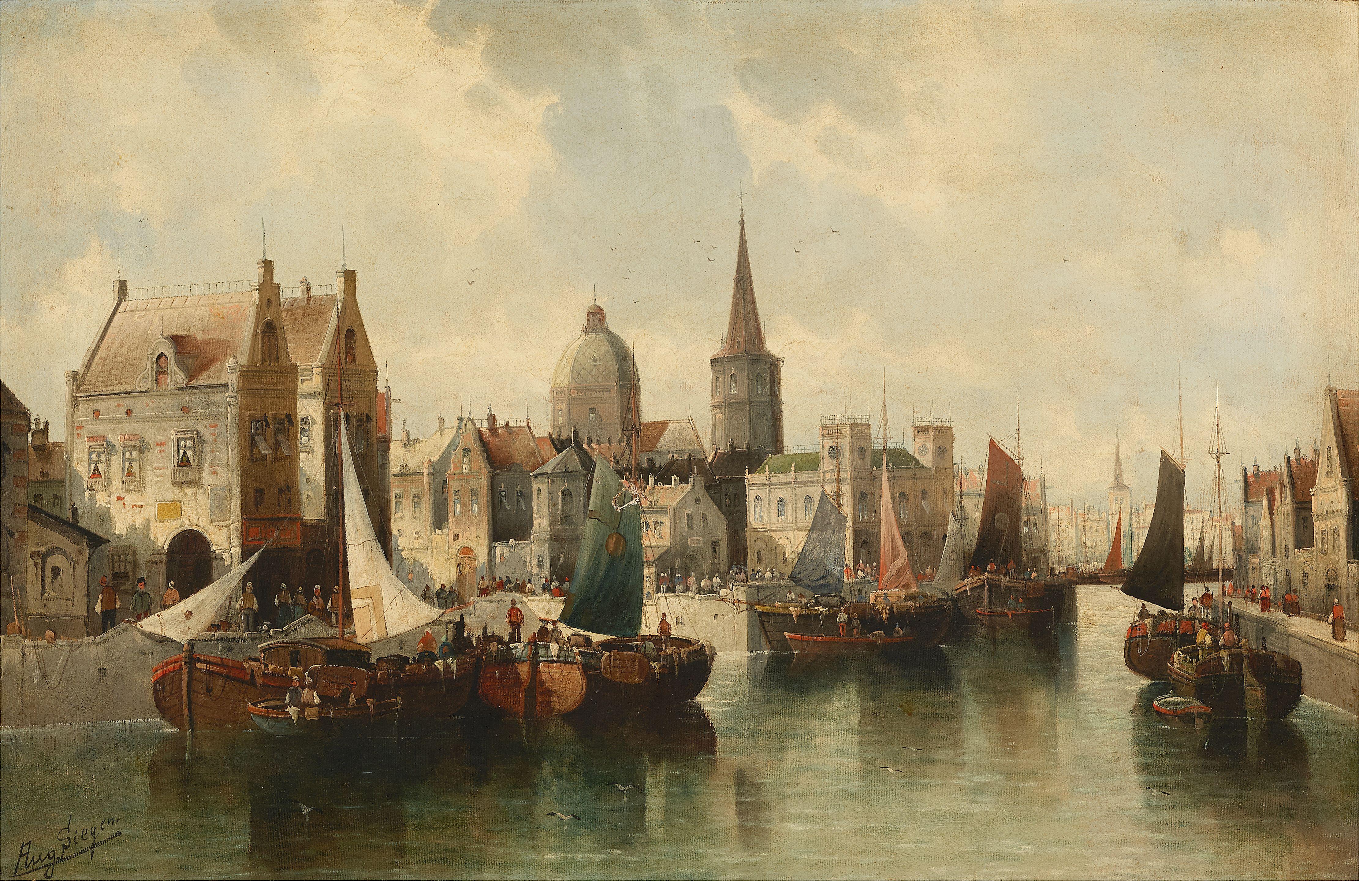 August Von Siegen - A view of a bustling town with numerous boats on a canal