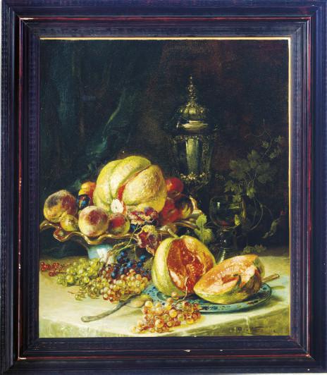 August von Wille - Still life of grapes, melons and peaches on a table