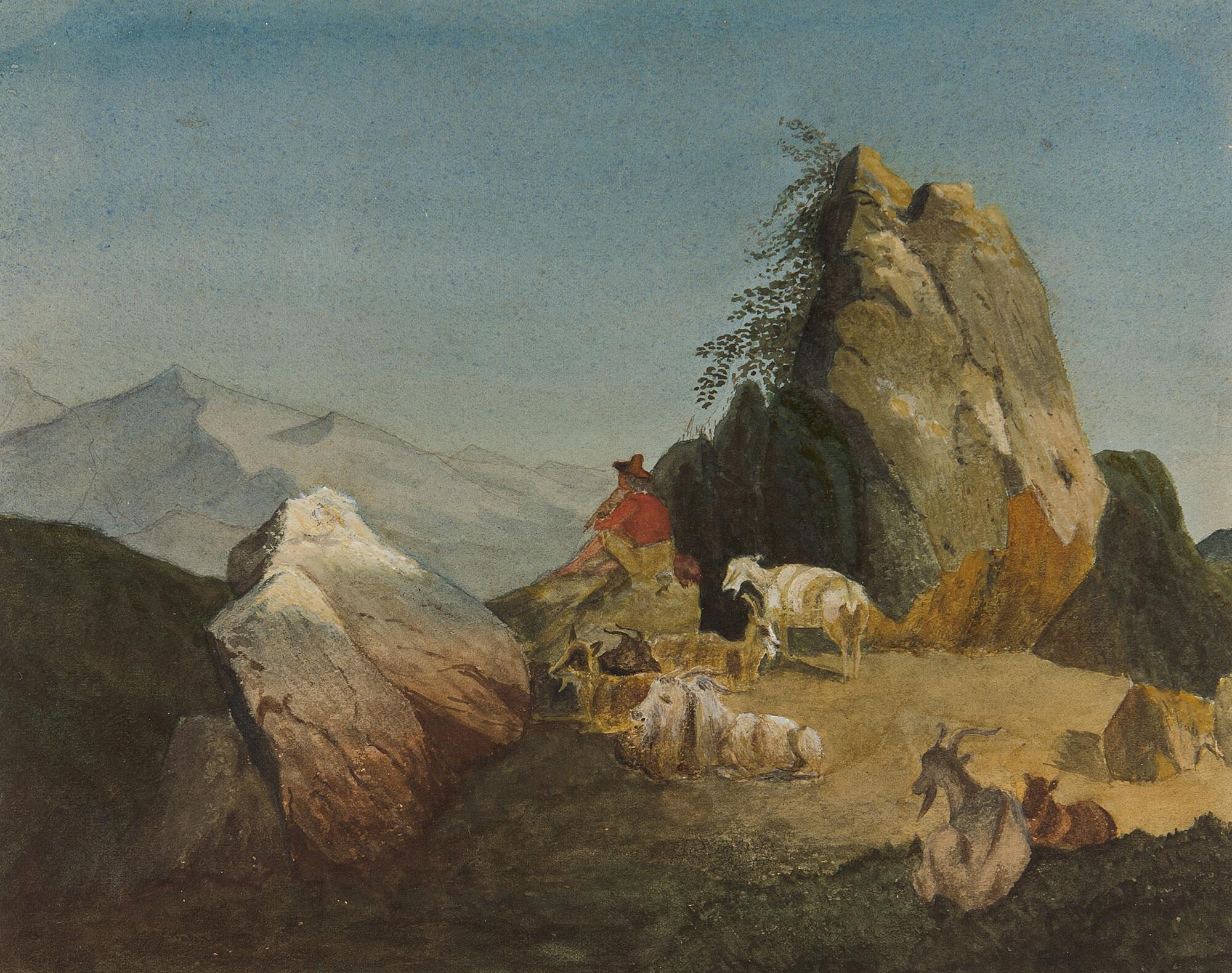August Wilhelm Ahlborn - Ein Ziegenhirte in felsiger Gebirgslandschaft.