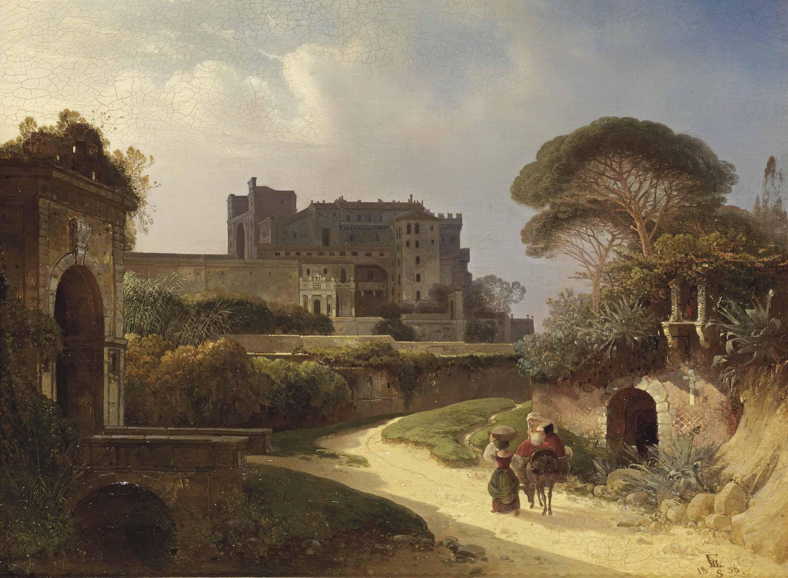August Wilhelm Ferdinand Schirmer - A Veduta Of An Italian Castello And Gardens