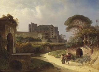 August Wilhelm Ferdinand Schirmer - A Veduta Of An Italian Castello And Gardens