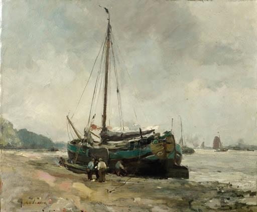 August Willem Van Voorden - A Moored Tjalk On A Riverbank