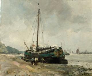 August Willem Van Voorden - A Moored Tjalk On A Riverbank