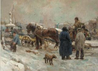 August Willem Van Voorden - \'In de sneeuw\': a horse and carriage on a busy quay in winter near the Vierleeuwenbrug, Rotterdam