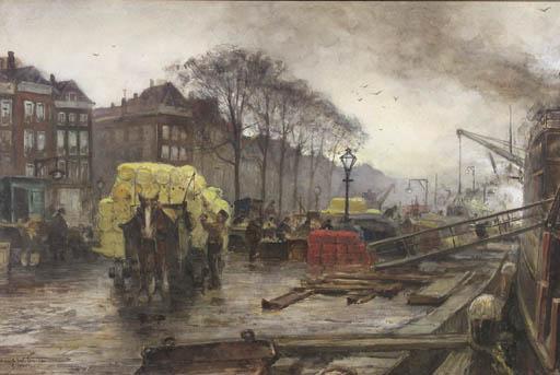 August Willem Van Voorden - Labourers unloading cargo on a quay, Rotterdam