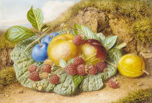 Augusta Innes Withers - Still life with nectarines, raspberries and plums on a mossy bank