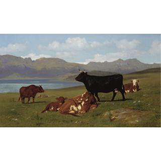 Auguste Bonheur - Cattle Grazing On A Hillside With A Lake In The Near Distance