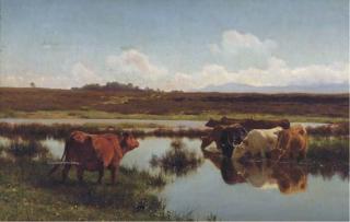 Auguste Bonheur - Cattle watering at a stream