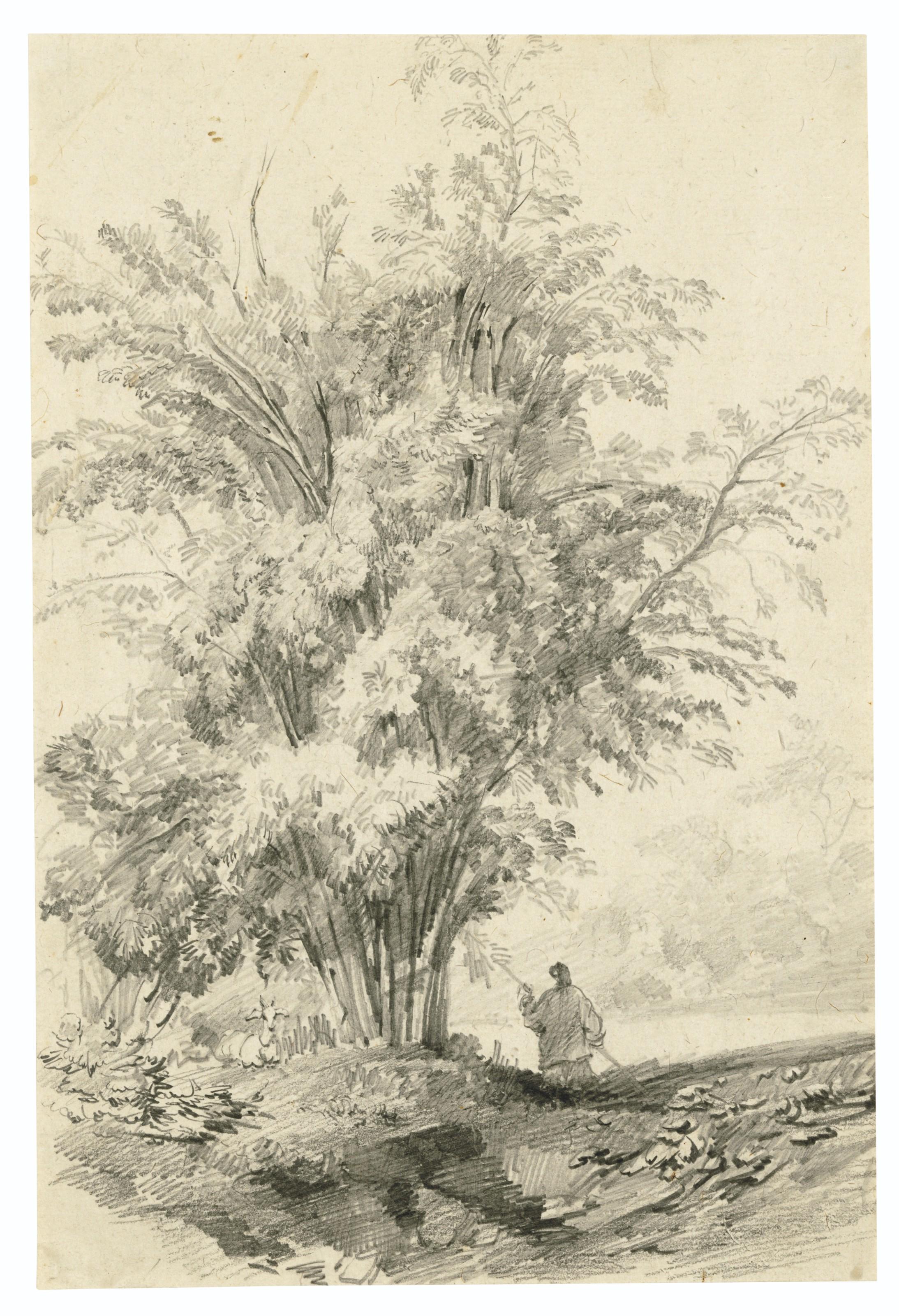 Auguste Borget - A Goat And A Chinese Figure By A Stand Of Bamboo