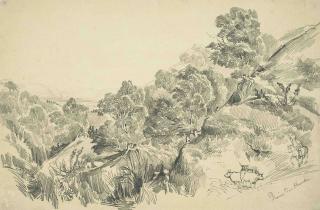 Auguste Borget - Chile - two sketches: \'Ravin de Huechun\'; and Landscape