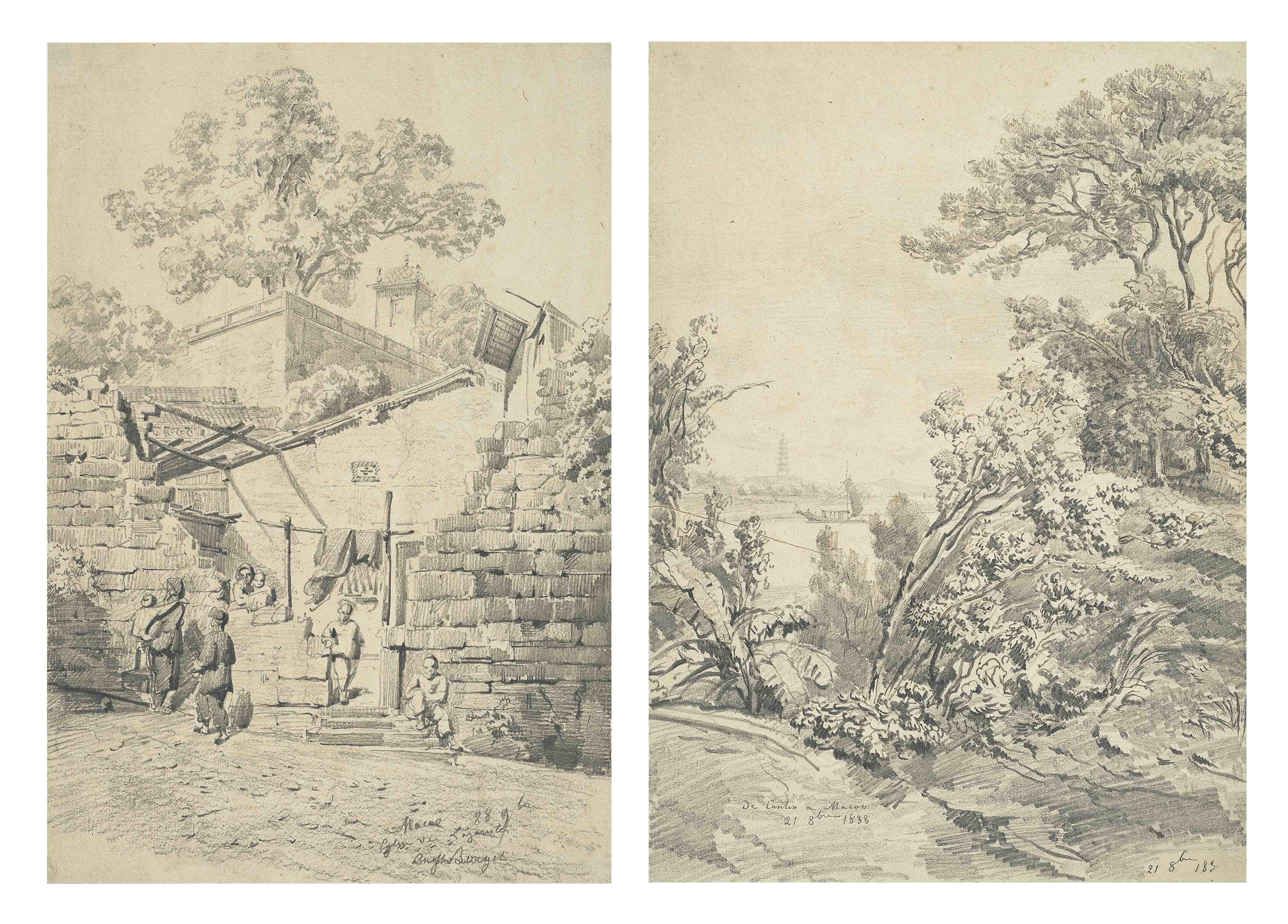 Auguste Borget - China - two sketches: \'Macao Eglise de Lazarus\'; \'De Canton et Macao\'