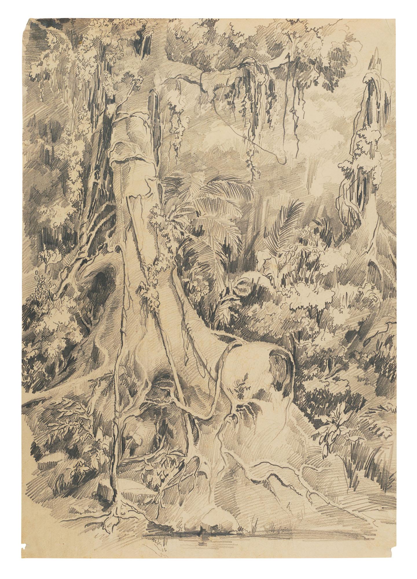 Auguste Borget - Deux Grands Paysages : Forêt Tropicale Probablement Aux Philippines ; Et Rochers Sur Le Bord Du Rivage, Un Village À L’Arrière-Plan