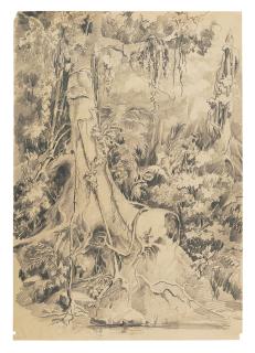 Auguste Borget - Deux Grands Paysages : Forêt Tropicale Probablement Aux Philippines ; Et Rochers Sur Le Bord Du Rivage, Un Village À L’Arrière-Plan