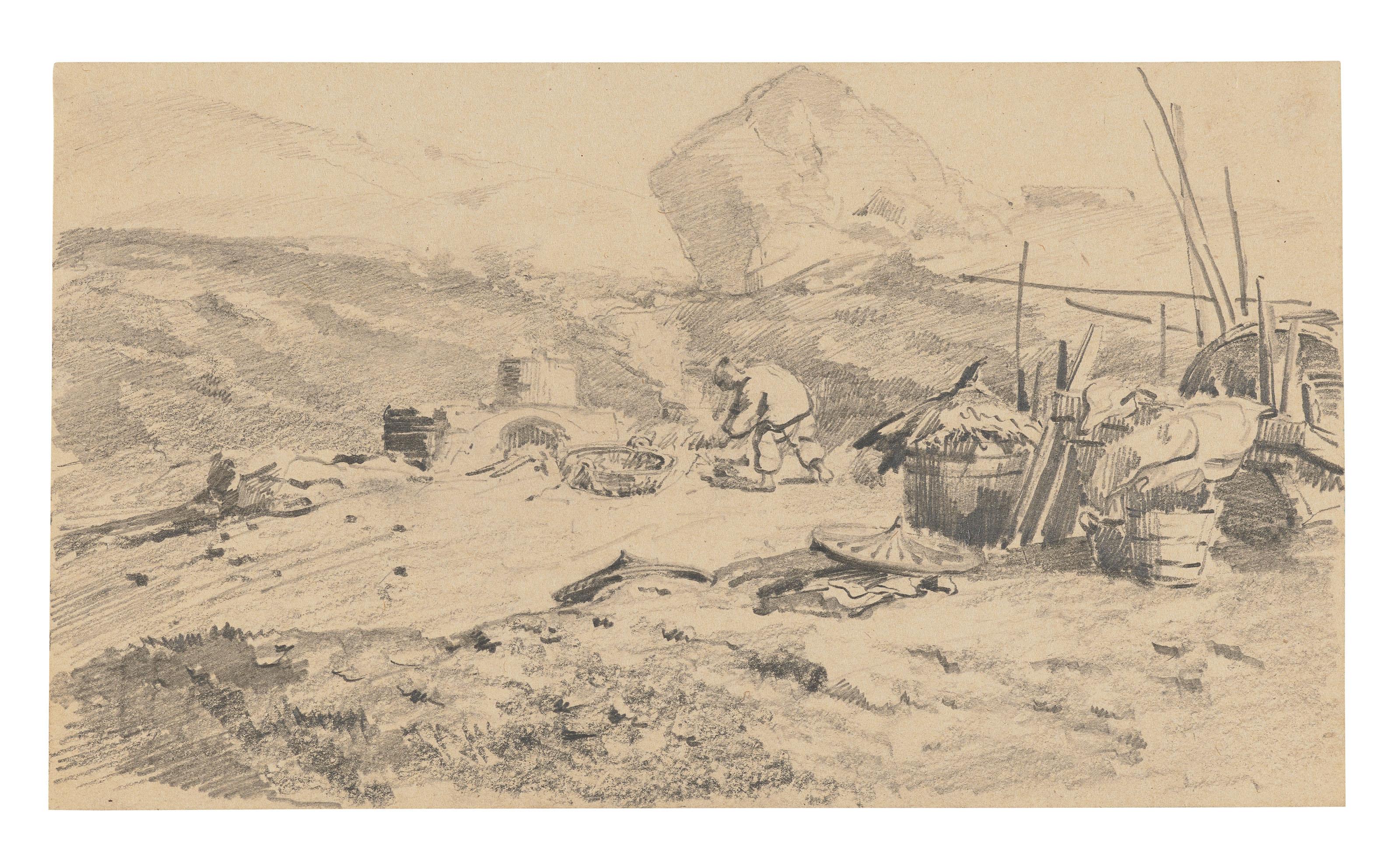 Auguste Borget - Quatre Paysages Chinois : Rue Animée À Canton ; Jonques Sur Le Fleuve Bordé D’Arbres ; Jonques À La Pointe De L’ Île De Namo ; Et Chinois Préparant Un Repas Dans Un Paysage Rocheux