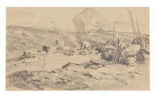 Auguste Borget - Quatre Paysages Chinois : Rue Animée À Canton ; Jonques Sur Le Fleuve Bordé D’Arbres ; Jonques À La Pointe De L’ Île De Namo ; Et Chinois Préparant Un Repas Dans Un Paysage Rocheux