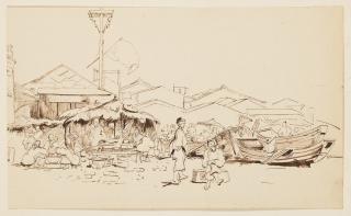 Auguste Borget - Quatre scènes de la vie quotidienne chinoise : deux scènes de repas et deux études de personnages aux abords d\'un temple