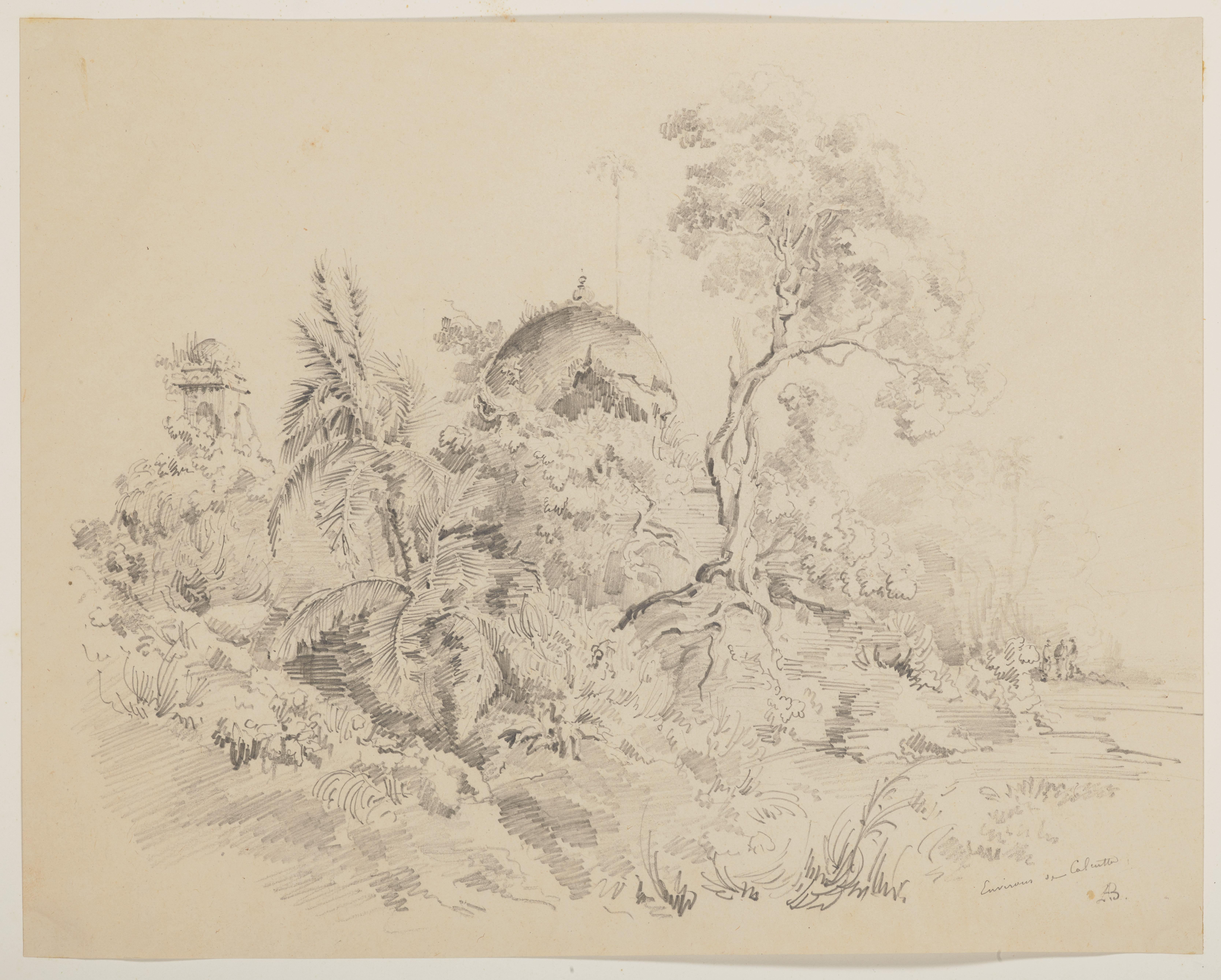 Auguste Borget - Quatre vues d\'Inde : temples entouré d\'arbres, dont l\'un aux environs de Calcutta