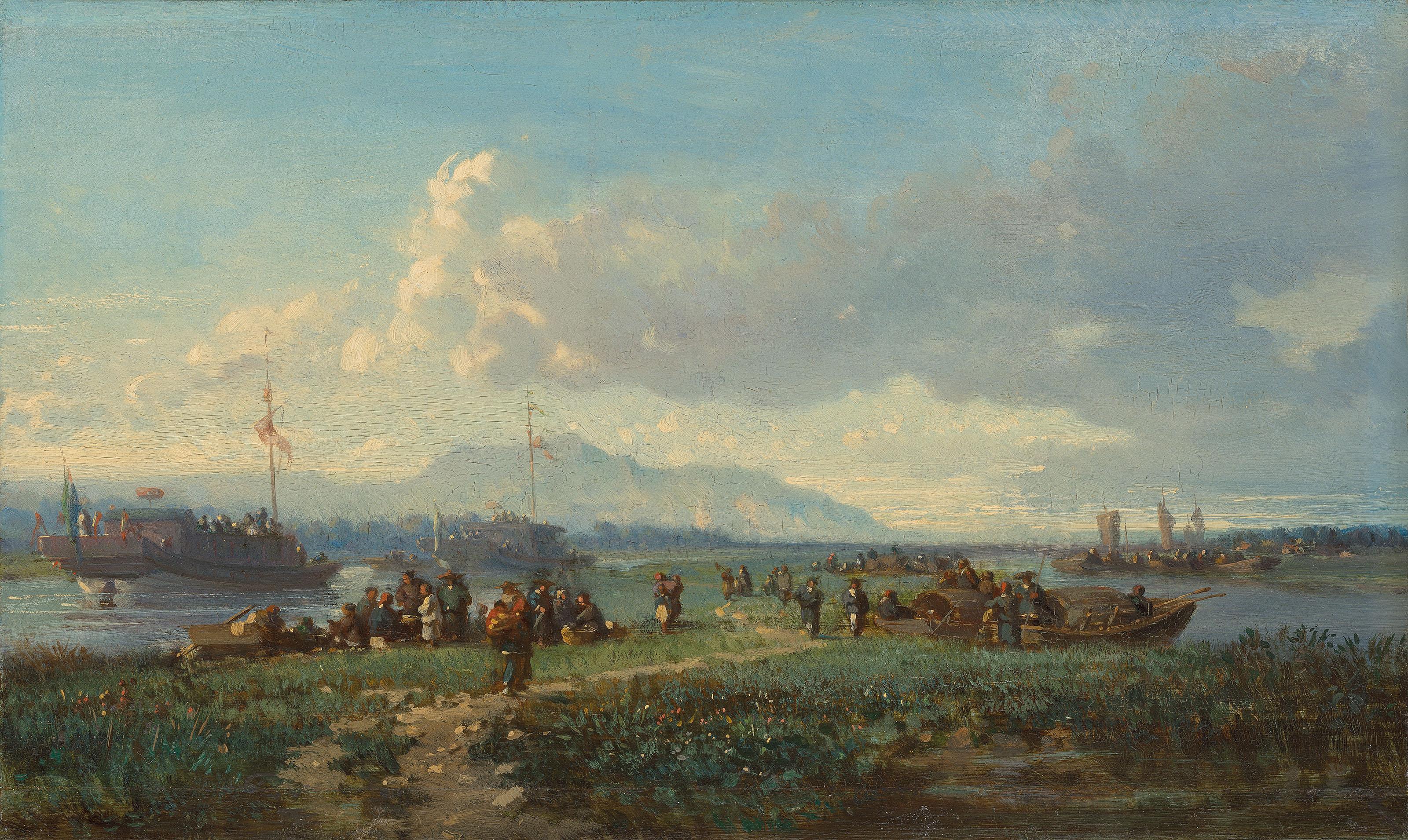 Auguste Borget - Tanka Boat People And Junks On A Canal In The Province Of Canton