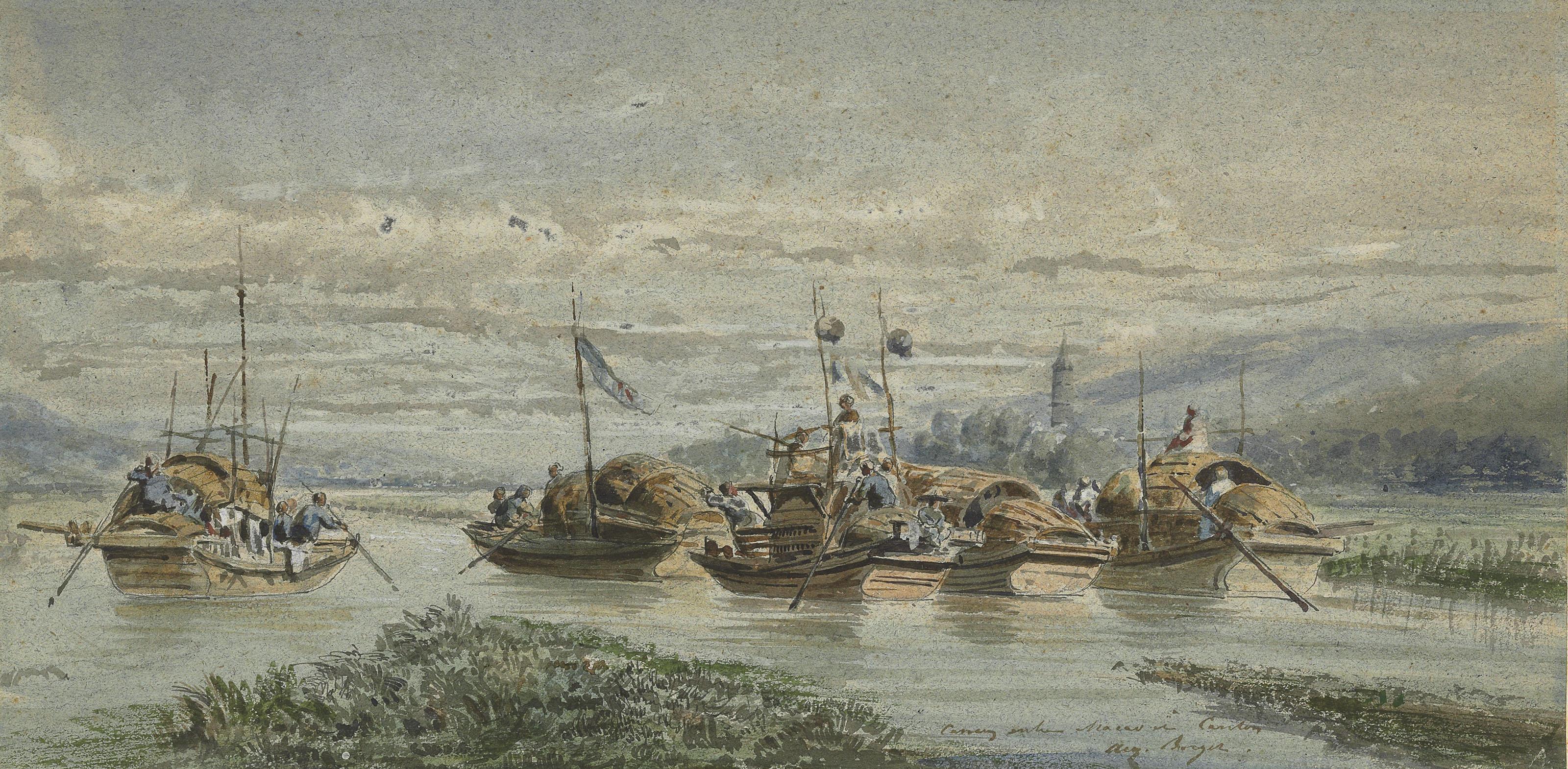 Auguste Borget - Tanka boats on the river between Macao and Canton, a pagoda beyond