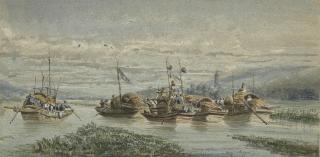 Auguste Borget - Tanka boats on the river between Macao and Canton, a pagoda beyond