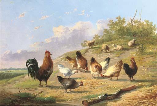 Auguste Coomans - Poultry On A Hillside