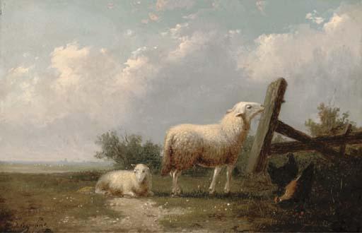 Auguste Coomans - Sheep And Chickens In A Field