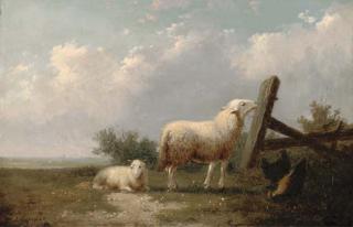 Auguste Coomans - Sheep And Chickens In A Field