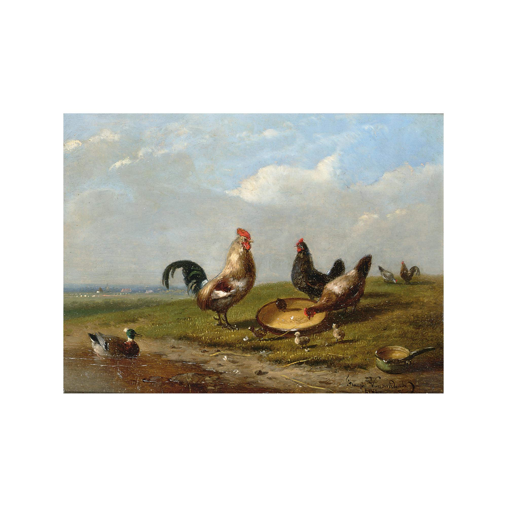 Auguste Coomans - Sheep And Chickens In A Landscape