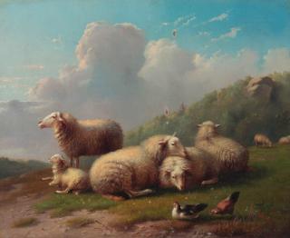 Auguste Coomans - Sheep in a barn; Sheep in a meadow