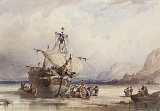 Auguste Delacroix - Figures dismantling a beached ship on a rocky shore