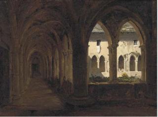 Auguste Delacroix - Study Of A Monastery, With Figures Beyond