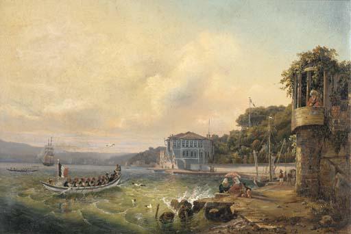 Auguste Etienne François Mayer - Vue de Terapia sur le Bosphore avec l\'Ambassade de France